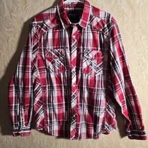 CHALC Mens Western Plaid Shirt Red Pearl Snap Button Up Long Sleeve L. 390